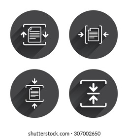 Archive file icons. Compressed zipped document signs. Data compression symbols. Circles buttons with long flat shadow. Vector