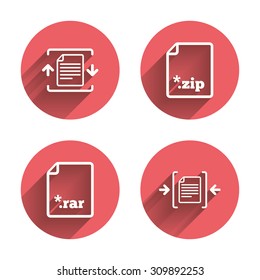 Archive file icons. Compressed zipped document signs. Data compression symbols. Pink circles flat buttons with shadow. Vector