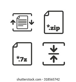 Archive file icons. Compressed zipped document signs. Data compression symbols. Flat icons on white. Vector