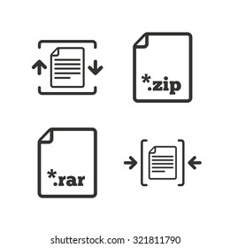 Archive file icons. Compressed zipped document signs. Data compression symbols. Flat icons on white. Vector
