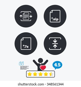 Archive file icons. Compressed zipped document signs. Data compression symbols. Star vote ranking. Client like and think bubble. Quotes with message.