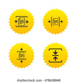 Archive file icons. Compressed zipped document signs. Data compression symbols. Yellow stars labels with flat icons. Vector