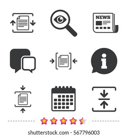 Archive file icons. Compressed zipped document signs. Data compression symbols. Newspaper, information and calendar icons. Investigate magnifier, chat symbol. Vector