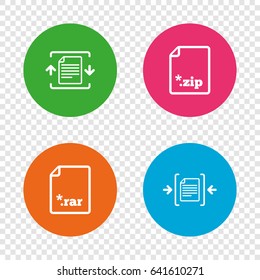 Archive file icons. Compressed zipped document signs. Data compression symbols. Round buttons on transparent background. Vector