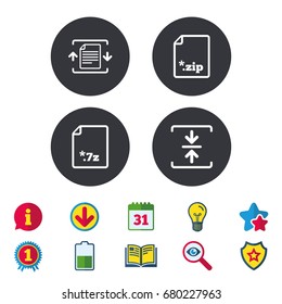 Archive file icons. Compressed zipped document signs. Data compression symbols. Calendar, Information and Download signs. Stars, Award and Book icons. Light bulb, Shield and Search. Vector