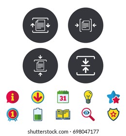 Archive file icons. Compressed zipped document signs. Data compression symbols. Calendar, Information and Download signs. Stars, Award and Book icons. Light bulb, Shield and Search. Vector