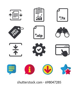 Archive file icons. Compressed zipped document signs. Data compression symbols. Browser window, Report and Service signs. Binoculars, Information and Download icons. Stars and Chat. Vector