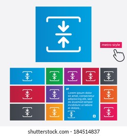 Archive file sign icon. Compressed zipped file symbol. Arrows. Metro style buttons. Modern interface website buttons with hand cursor pointer. Vector