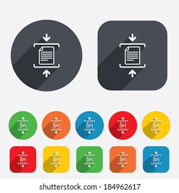 Archive file sign icon. Compressed zipped file symbol. Arrows. Circles and rounded squares 12 buttons. Vector