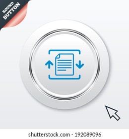 Archive file sign icon. Compressed zipped file symbol. Arrows. White button with metallic line. Modern UI website button with mouse cursor pointer. Vector