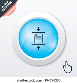 Archive file sign icon. Compressed zipped file symbol. Arrows. Blue shiny button. Modern UI website button with hand cursor pointer. Vector