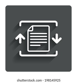 Archive file sign icon. Compressed zipped file symbol. Arrows. Gray flat button with shadow. Modern UI website navigation. Vector
