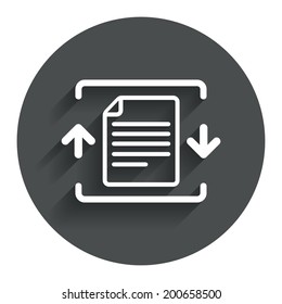 Archive file sign icon. Compressed zipped file symbol. Arrows. Circle flat button with shadow. Modern UI website navigation. Vector