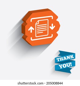 Archive file sign icon. Compressed zipped file symbol. Arrows. White icon on orange 3D piece of wall. Carved in stone with long flat shadow. Vector