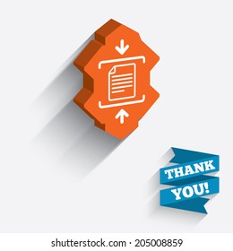 Archive file sign icon. Compressed zipped file symbol. Arrows. White icon on orange 3D piece of wall. Carved in stone with long flat shadow. Vector