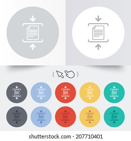 Archive file sign icon. Compressed zipped file symbol. Arrows. Round 12 circle buttons. Shadow. Hand cursor pointer. Vector