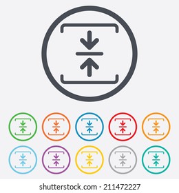 Archive file sign icon. Compressed zipped file symbol. Arrows. Round circle buttons with frame. Vector