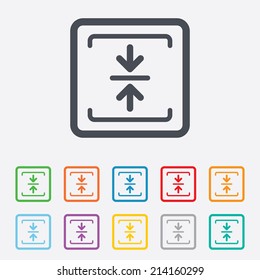 Archive file sign icon. Compressed zipped file symbol. Arrows. Round squares buttons with frame. Vector