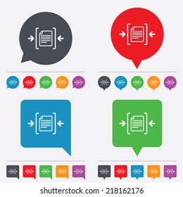 Archive file sign icon. Compressed zipped file symbol. Arrows. Speech bubbles information icons. 24 colored buttons. Vector