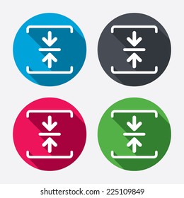 Archive file sign icon. Compressed zipped file symbol. Arrows. Circle buttons with long shadow. 4 icons set. Vector