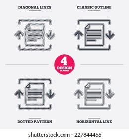 Archive file sign icon. Compressed zipped file symbol. Arrows. Diagonal and horizontal lines, classic outline, dotted texture. Pattern design icons.  Vector