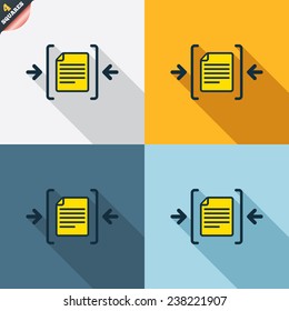 Archive file sign icon. Compressed zipped file symbol. Arrows. Four squares. Colored Flat design buttons. Vector