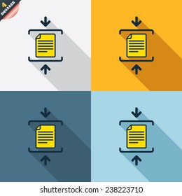 Archive file sign icon. Compressed zipped file symbol. Arrows. Four squares. Colored Flat design buttons. Vector