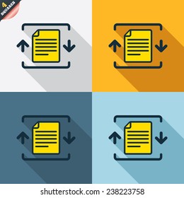 Archive file sign icon. Compressed zipped file symbol. Arrows. Four squares. Colored Flat design buttons. Vector