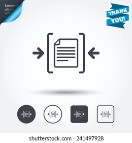 Archive file sign icon. Compressed zipped file symbol. Arrows. Circle and square buttons. Flat design set. Thank you ribbon. Vector