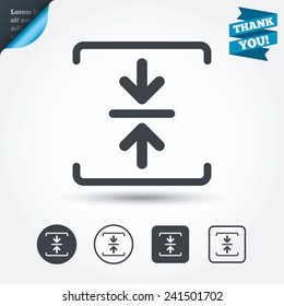 Archive file sign icon. Compressed zipped file symbol. Arrows. Circle and square buttons. Flat design set. Thank you ribbon. Vector