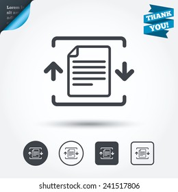Archive file sign icon. Compressed zipped file symbol. Arrows. Circle and square buttons. Flat design set. Thank you ribbon. Vector