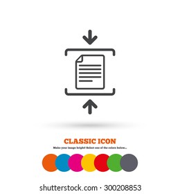 Archive file sign icon. Compressed zipped file symbol. Arrows. Classic flat icon. Colored circles. Vector