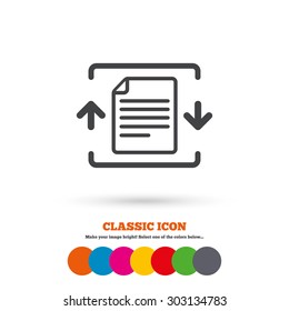 Archive file sign icon. Compressed zipped file symbol. Arrows. Classic flat icon. Colored circles. Vector