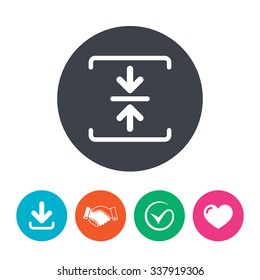 Archive file sign icon. Compressed zipped file symbol. Arrows. Download arrow, handshake, tick and heart. Flat circle buttons.