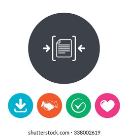 Archive file sign icon. Compressed zipped file symbol. Arrows. Download arrow, handshake, tick and heart. Flat circle buttons.