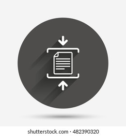 Archive file sign icon. Compressed zipped file symbol. Arrows. Circle flat button with shadow. Vector