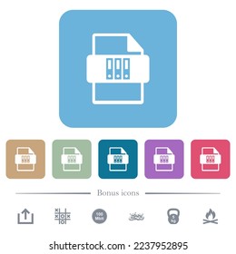 Archive file type white flat icons on color rounded square backgrounds. 6 bonus icons included