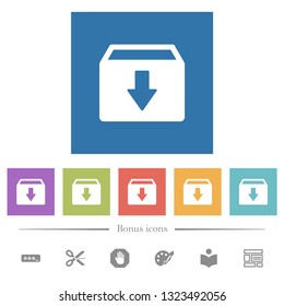 Archive flat white icons in square backgrounds. 6 bonus icons included.