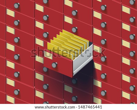 Archive. Folder in the archives. Drawer with folders for files. Isometric archive. Archive documents. Archival document. Database. Open card catalog. Vector illustration Eps10 file
