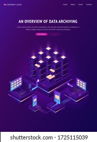 Archive With Folders In Cabinets And Computers. Overview Of Data Archiving Banner. Vector Isometric Illustration Of Database, Digital Storage, Sharing Documents And Protection Privacy Information