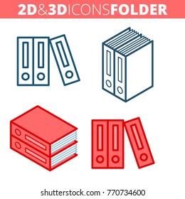 The archive folders. Flat and isometric 3d outline icon set. The office supply and stationery line pictogram collection. Vector linear infographic elements for web design, social media, presentations
