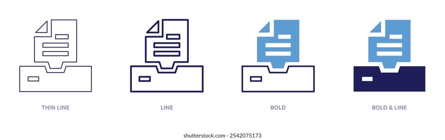 Icono de Archivar en 4 estilos diferentes. Línea delgada, línea, negrita y línea negrita. Estilo duotono. Trazo editable.