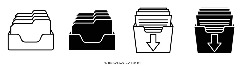 Archive icon collection in black and white filled and solid vector style.