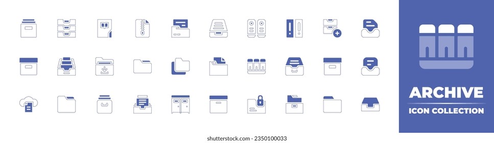Archive icon collection. Duotone style line stroke and bold. Vector illustration. Containing archive, archives, library, zip, folder, box, cloud, dressing room, storage box, inbox, and more.