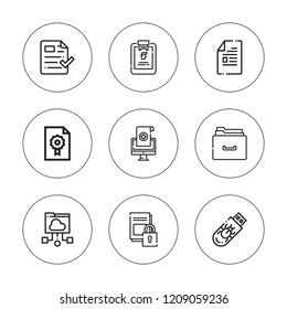 Archive icon set. collection of 9 outline archive icons with dossier, document, file, files, medical history, folder icons. editable icons.