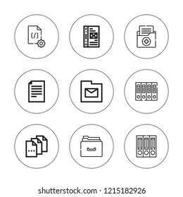 Archive icon set. collection of 9 outline archive icons with archive, binder, document, folder, file icons. editable icons.