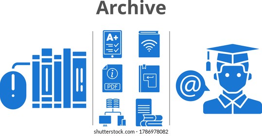 archive icon set. included ereader, audiobook, books, pdf, school, student, enter icons. filled styles.