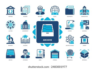 Archive icon set. Materials, History, Academic, Commercial, Culture, Research, Library, Organization. Duotone color solid icons