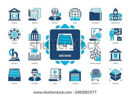 Archive icon set. Materials, History, Academic, Commercial, Culture, Research, Library, Organization. Duotone color solid icons