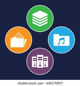 Archive icons set. set of 4 archive filled icons such as music folder, document in folder, archive